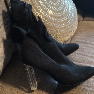 Wild Pair Black Pointed Ankle Boots with Clear Block Heel